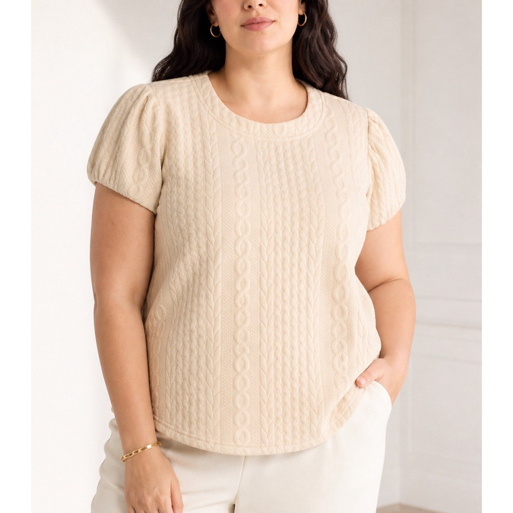 NWT Womens Large Laurel Grey Ivory Jacquard Puff Sleeve Knit Top Keyhole Back